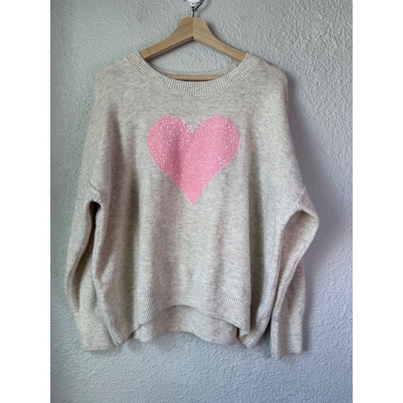 CeCe Sweaters - CeCe Womens Petite XL PXL Heart Sequin Pullover Sweater Oatmeal Pink Long Sleeve